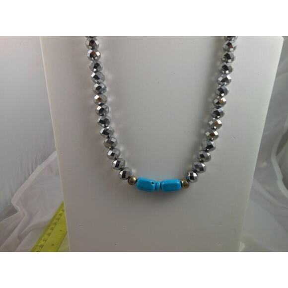 Handmade Jewelry - Handmade Grey Silver AB Turquoise Pendant Glass Crystal Beaded Necklace Vintage